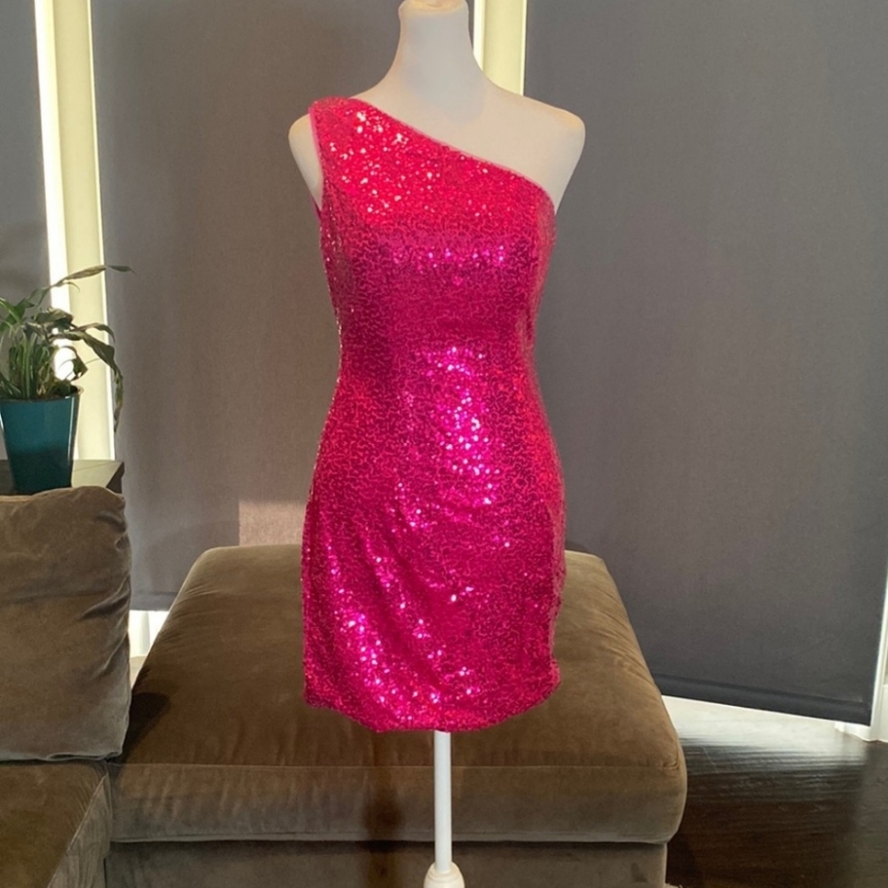 Sequined one shoulder pink dress - party, prom, homecoming